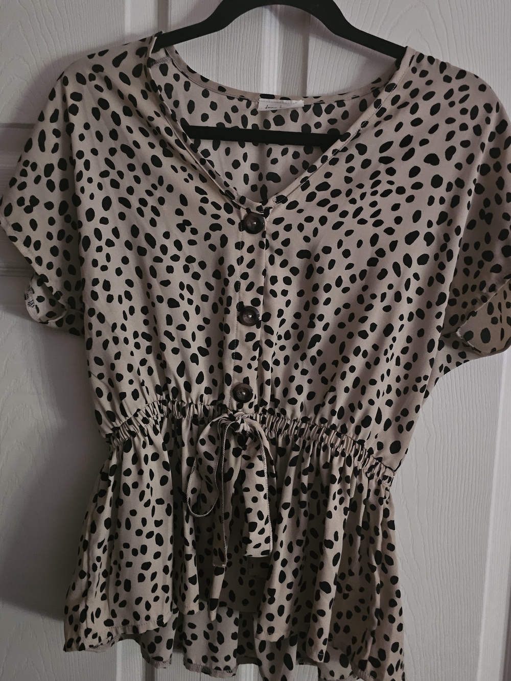 Beige Polka Dot Button-Front Peplum Top